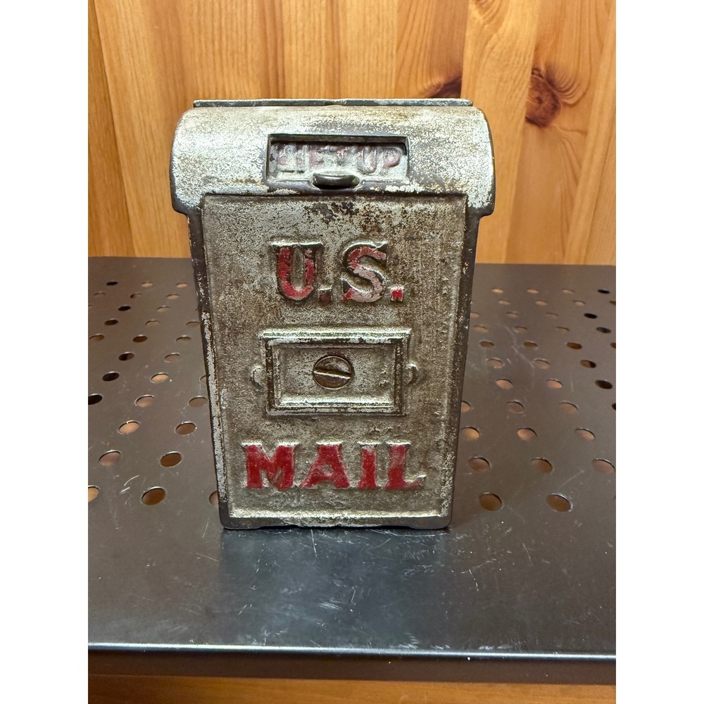 Vintage Cast Iron U.S. Mail Box Coin Bank Postal Mailbox Mechanical 4.5"